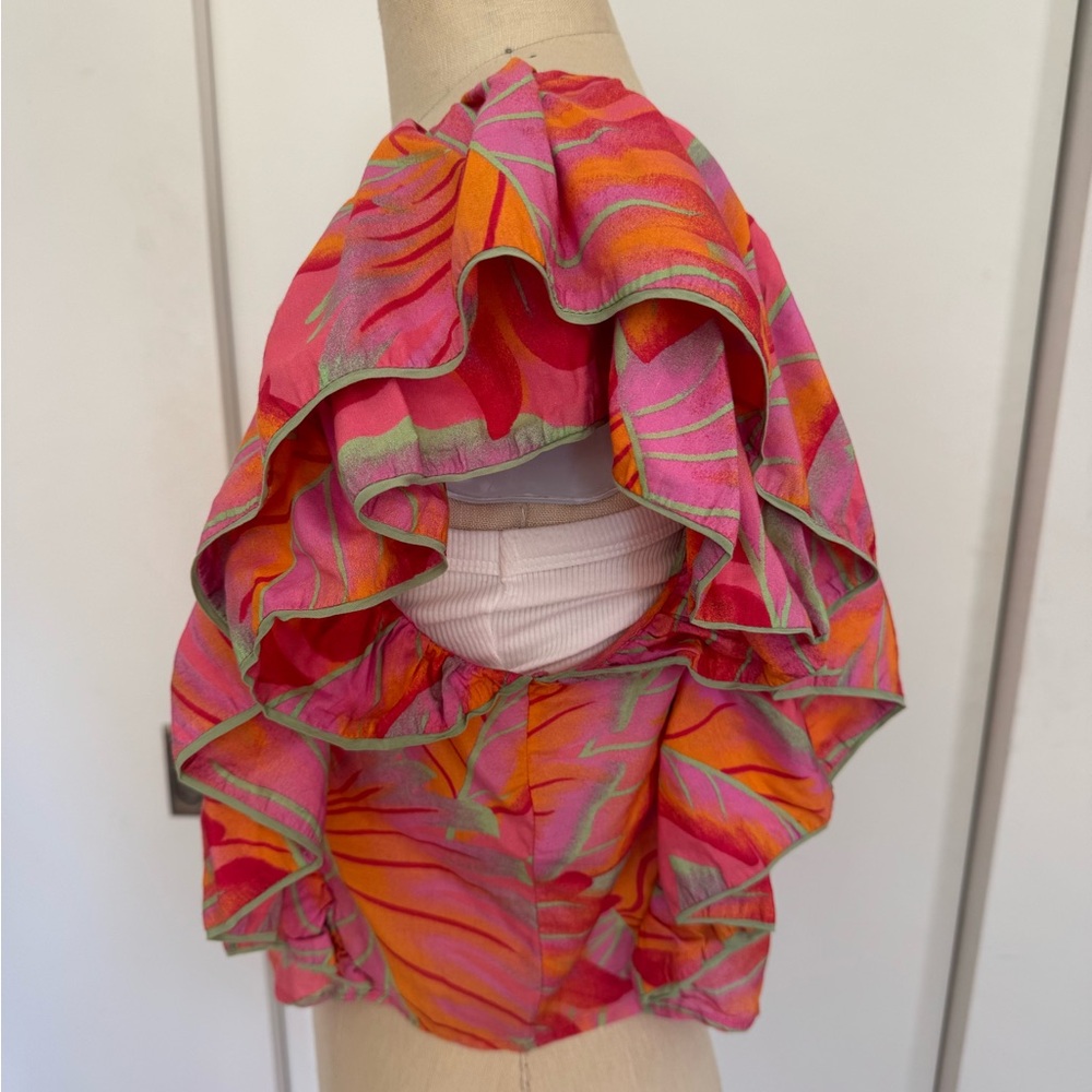 FARM Rio Bright Pink Tropical Ruffle Sleeve Top - Picture 4 of 11